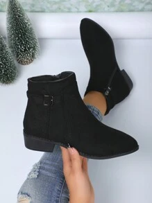 女士秋冬新款纯色粗跟皮带扣侧拉链切尔西短靴，休闲百搭黑色短靴，女靴 - 黑色 - 查看 1