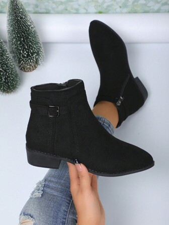 女士秋冬新款纯色粗跟皮带扣侧拉链切尔西短靴，休闲百搭黑色短靴，女靴