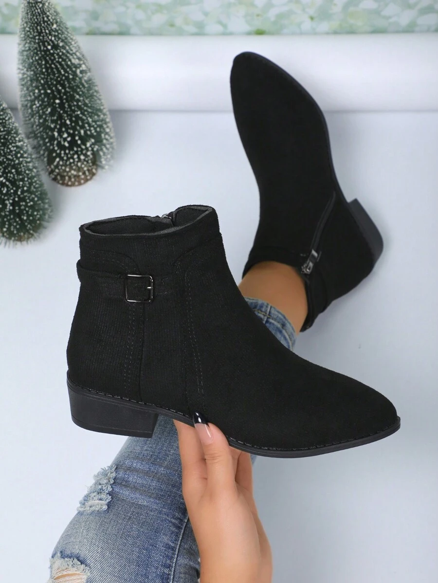 女士秋冬新款纯色粗跟皮带扣侧拉链切尔西短靴，休闲百搭黑色短靴，女靴 - 黑色 - 查看 1