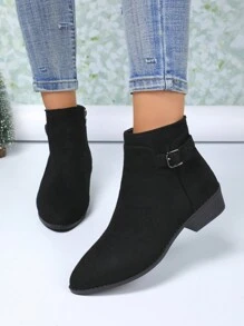 女士秋冬新款纯色粗跟皮带扣侧拉链切尔西短靴，休闲百搭黑色短靴，女靴 - 黑色 - 查看 4