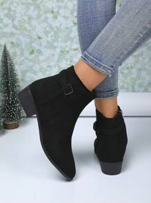 女士秋冬新款纯色粗跟皮带扣侧拉链切尔西短靴，休闲百搭黑色短靴，女靴 - 黑色 - 查看 2