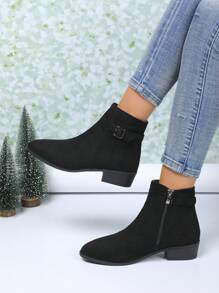 女士秋冬新款纯色粗跟皮带扣侧拉链切尔西短靴，休闲百搭黑色短靴，女靴 - 黑色 - 查看 5