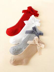 4 pares de calcetines de rodilla con volantes y lazos de color liso para bebés y niñas pequeñas, aptos para uso diario - Multicolor - Ver 6