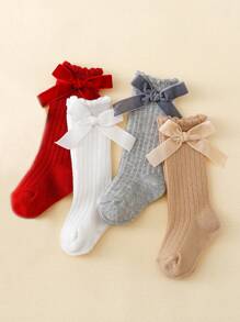 4 pares de calcetines de rodilla con volantes y lazos de color liso para bebés y niñas pequeñas, aptos para uso diario - Multicolor - Ver 3