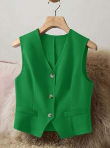 Women's Elegant Sleeveless V-Neck Suit Jacket, Fashionable Front Button Waistcoat Jacket For All Seasons - Green - View 2