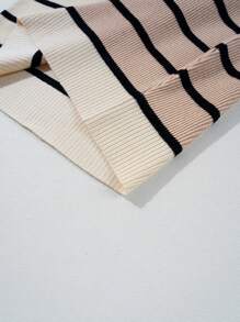 Khaki Striped Color Block Quarter Zipper Collar Short Sleeve Sweater Dress - Multicolor - View 6