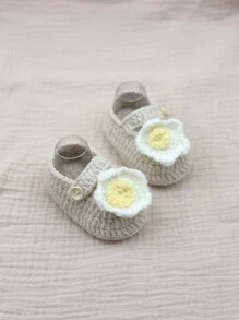 1 双钩针婴儿鞋，手工针织学步前拖鞋，适合室内地板穿着 - 米色 - 查看 6