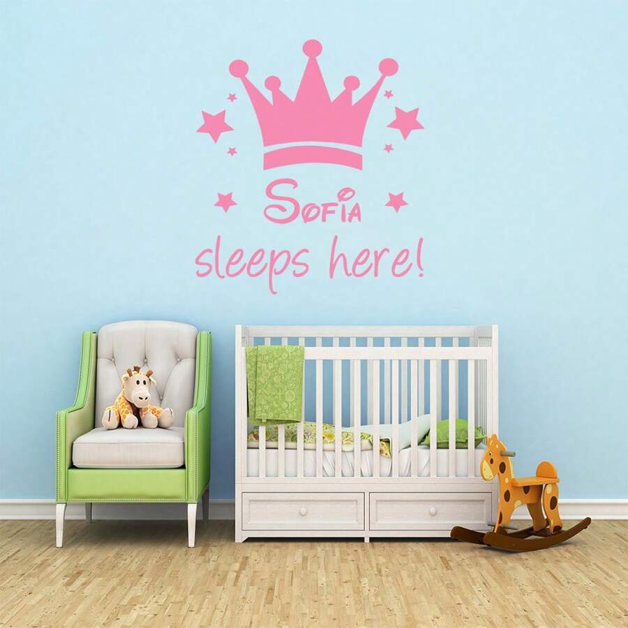 1pc Fun Personalize Custom Name Crown Wall Sticker Removable Wall Stickers Diy Wallpaper Decor Living Room Bedroom Removable Home Party Decor Wallpaper Gifts Birthday Graduation - Soft Pink - View 1