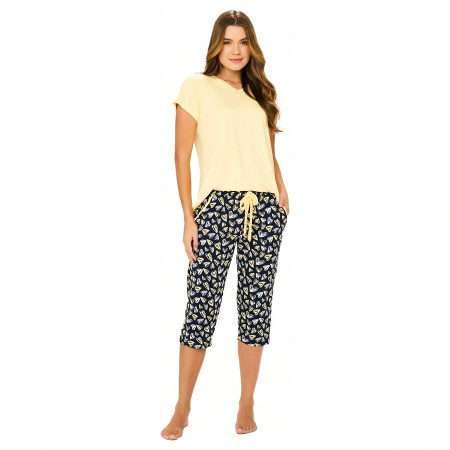 Women's Adult Fisherman Pajamas Short Sleeve Printed - Màu vàng - Xem 1
