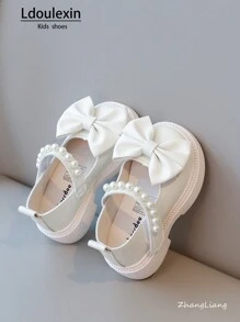 全新设计女童珍珠蝴蝶结公主平底鞋 - 米色 - 查看 4