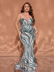 Vestido de baile plus size com decote em V e lantejoulas, vestido longo, design assimétrico (padrão floral aleatório) - Verde - Ver 1