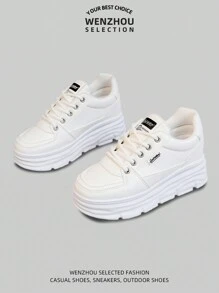 全新女式休闲户外运动鞋，时尚百搭厚底厚底透气轻便舒适白色鞋子 - 白色 - 查看 3