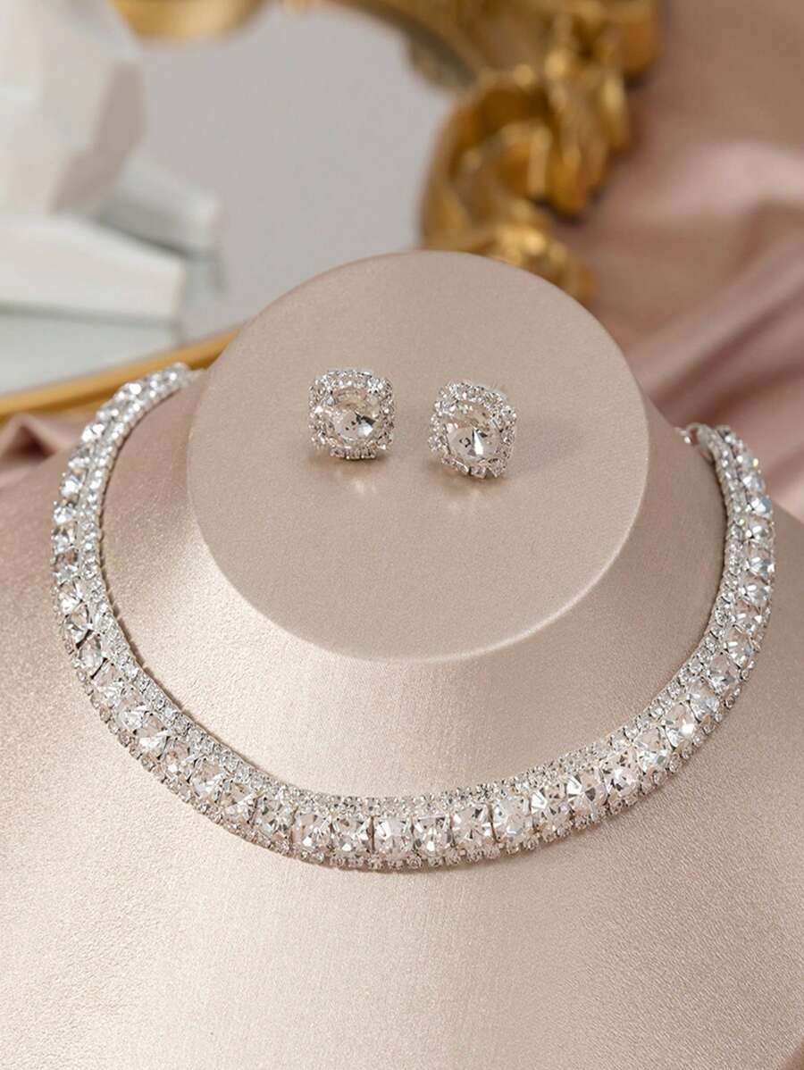 1set Crystal Necklace & Earrings Jewelry Set - Silver - View 1