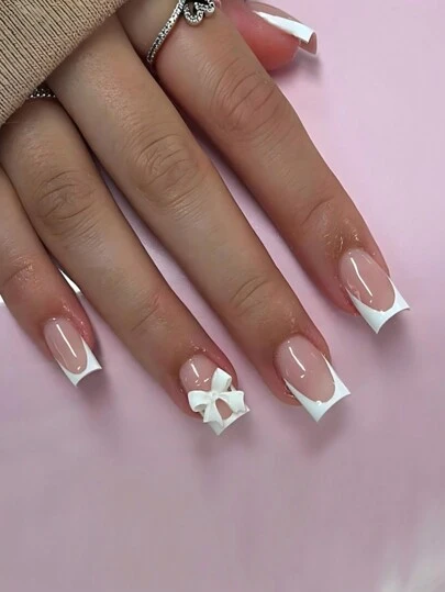24pcs Short Square French Press-On Nails Set With White French Tip & Bow Design, Glossy Finish, Comes With 1pc Jelly Gel And 1pc Buffer, Suitable For Women Party, Wedding, Casual And Holiday Wear, Reusable