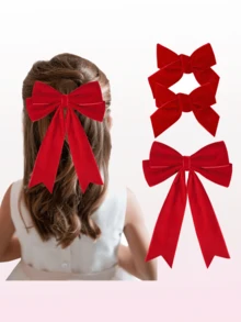 3 件装天鹅绒蝴蝶结发夹丝带粉色配饰马尾发带女童幼儿青少年儿童适合情人节、圣诞节、新年派对礼物