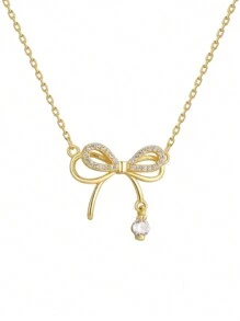 Artepollo 1pc 925 Sterling Silver Hypoallergenic Bow Pendant Necklace, Inlaid With Sparkling Cubic Zirconia, Cute & Elegant, Gift Box Packaging, Gift For Kids, Friends, Back To School