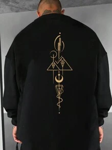 男士纹身图案印花圆领宽松套头运动衫，时尚风格 - 黑色 - 查看 1