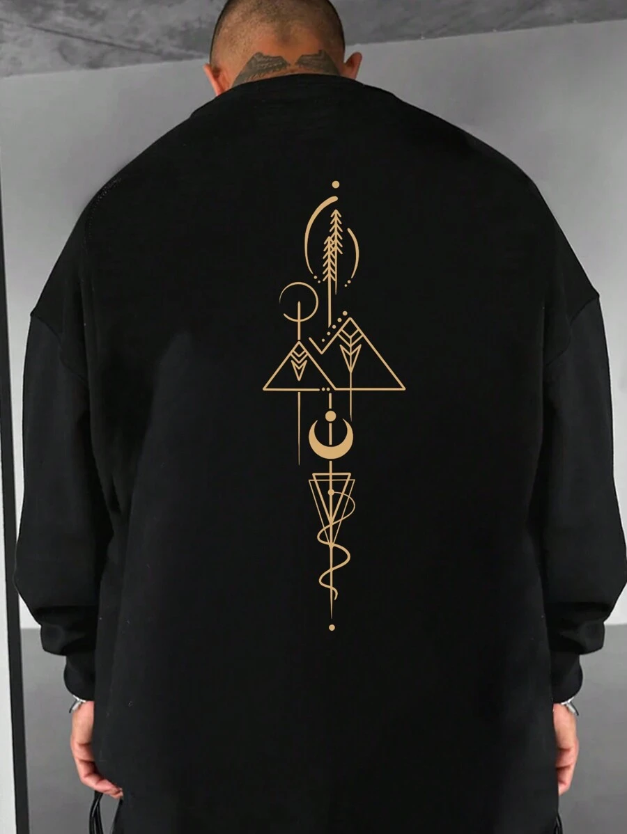 男士纹身图案印花圆领宽松套头运动衫，时尚风格 - 黑色 - 查看 1