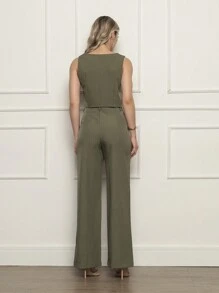 Women's Cropped Tailored Set With Square Collar And Long Trousers - 軍綠色 - 查看 4