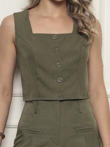 Women's Cropped Tailored Set With Square Collar And Long Trousers - 軍綠色 - 查看 3