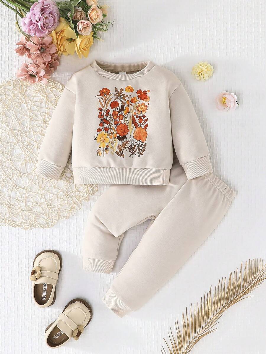 2 Pieces Baby Girls Flower Print Sweatshirt Top And Skirt Outfit, Children/Toddler Warm Sports Outdoor Set