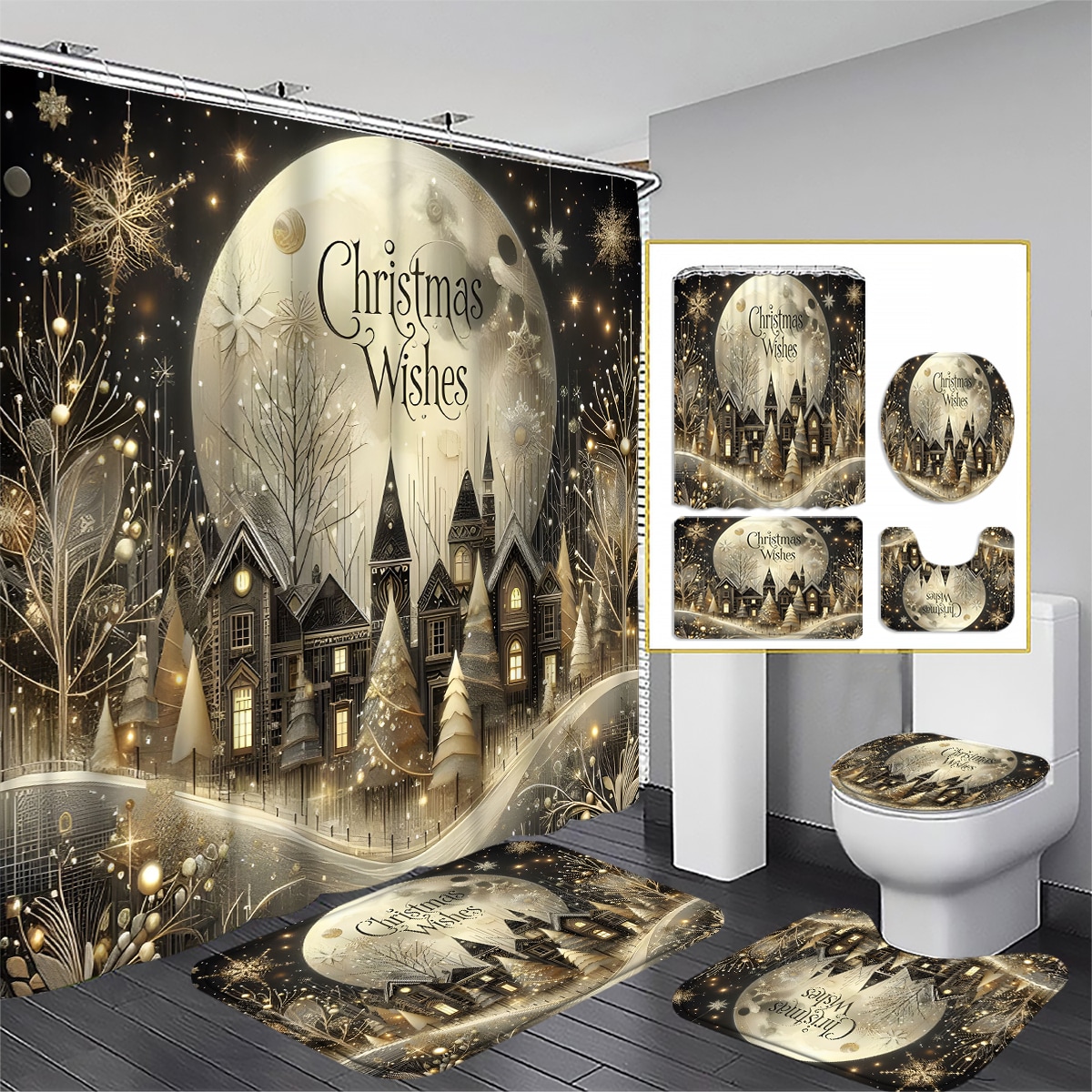 [Série de Natal] Conjunto de cortinas de chuveiro 1 peça/4 peças 180*180 cm/70*70 polegadas Árvore de Natal, Papai Noel, conjunto de cortinas de chuveiro estampadas com meias de Natal, cortina de chuveiro à prova d'água Conjunto de divisórias de banheiro com 12 ganchos, carpete de banheiro, tapetes em formato de U para vaso sanitário, tapetes para assento sanitário, divisórias de banheiro, decorações de Natal, usadas para decorações de banheiro de Natal e também podem ser usadas diariamente em materiais de fibra de poliéster Decoração de outono Acessórios de banheiro Volta às aulas