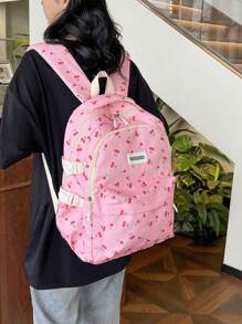 Korean Style Cherry Print Soft Girl Large Capacity Casual Student Backpack Valentines - Pink - View 9