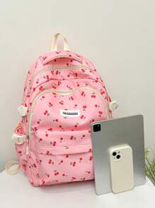 Korean Style Cherry Print Soft Girl Large Capacity Casual Student Backpack Valentines - Pink - View 3