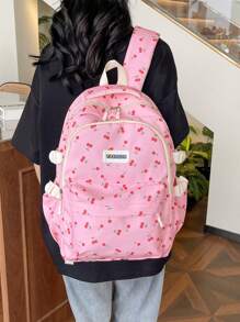 Korean Style Cherry Print Soft Girl Large Capacity Casual Student Backpack Valentines - Pink - View 11