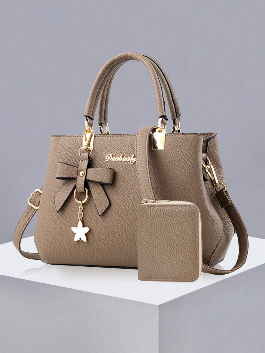 PLANEE 2 件/套女士纯色手提包和卡夹，采用 PU 材料和蝴蝶结吊坠，适合日常休闲、购物、商务通勤、书包套装、便携、经典休闲、商务休闲、适合少女、女大学生、白领、大学、办公室、小学