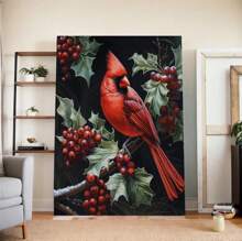Red Cardinal And Holly Berries Christmas Poster Art Print, Holiday Decorations And Cheer, Joyful Christmas Wall Art, Winter Holidays Whimsical Gift Print Decor
