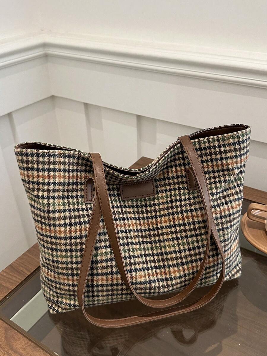 1 Túi xách đeo vai vải cổ điển Thousand Bird Check Top có khóa kéo đơn giản Túi tote cho phụ nữ sử dụng hàng ngày, thường ngày và du lịch