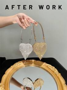 Women's Mini Shiny Rhinestone Tassel Handbag Evening Party Bag Dress Clutch Purse With Sparkling Rhinestone Heart Design Valentines, Glamorous Rhinestone Bag - Silver - View 1
