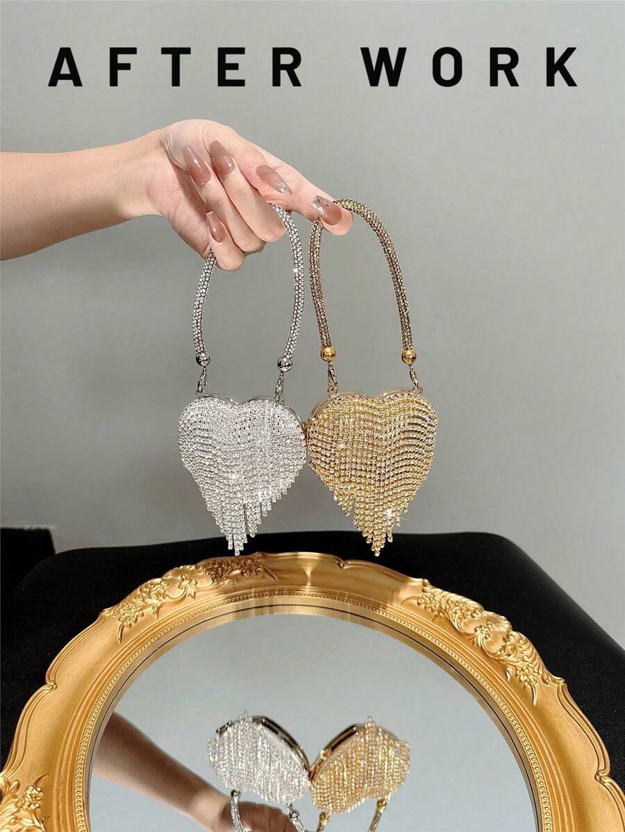 Women's Mini Shiny Rhinestone Tassel Handbag Evening Party Bag Dress Clutch Purse With Sparkling Rhinestone Heart Design Valentines, Glamorous Rhinestone Bag - Silver - View 1