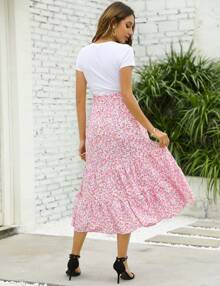 GoyRrbay Maternity Dress Women's High Waist Floral Print Pleated Maxi Skirt Casual Flowy Swing A Line Long Skirts - 粉色 - 查看 6