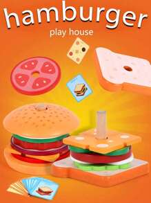 Wooden Baby's Simulation Hamburger Sandwich Set With Matching Pillars, Food Cutting, Kitchen Utensils For Kindergarten Family Toys