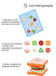 Wooden Baby's Simulation Hamburger Sandwich Set With Matching Pillars, Food Cutting, Kitchen Utensils For Kindergarten Family Toys