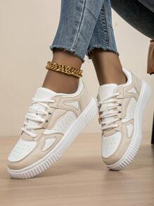 女士休闲帆布运动鞋，低帮系带透气拼色运动鞋，轻便舒适滑板鞋 - 米色 - 查看 2