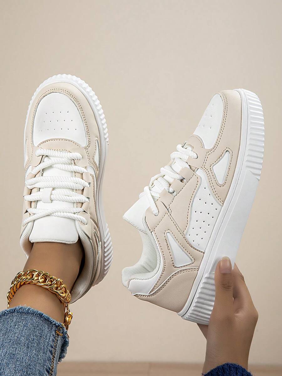 女士休闲帆布运动鞋，低帮系带透气拼色运动鞋，轻便舒适滑板鞋 - 米色 - 查看 1