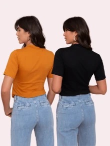 Women's Basic Minimalist Chic Casual Turtleneck T-Shirt Kit - 彩色 - 查看 2