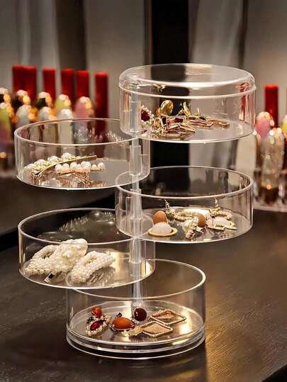 1个透明S型旋转首饰盒，多功能化妆品收纳盒，梳妆台台面整理架，配件收纳盒，化妆品展示架，家居装饰，房间装饰，浴室配件，适用于手镯、耳环、戒指、项链、胸针、发夹、发带、手表、粉扑等，女士礼物，圣诞礼物，女士礼物创意，房间装饰