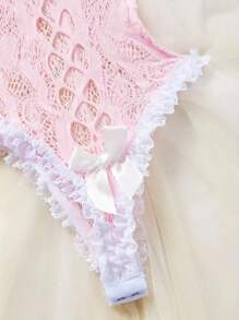 女士性感网眼蕾丝边连体睡衣，配头带、手镯和尾巴内裤 - 粉色 - 查看 4