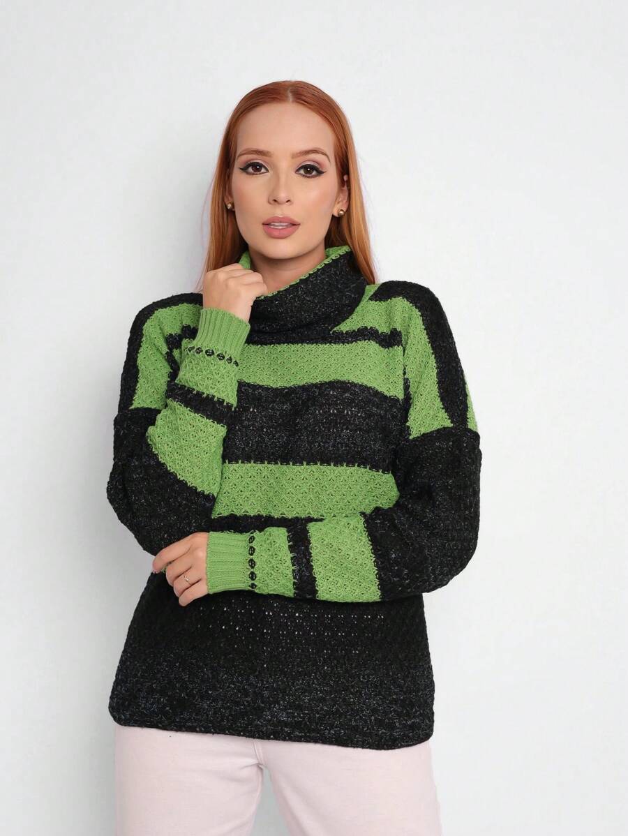 Women's Knitted Blouse, High Neck, Long Sleeve, Autumn Winter - 綠色 - 查看 1