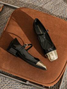 Giày đế vuông quai mắt cá chân thanh lịch dành cho nữ có gót trang trí màu đen và giày mũi vuông - màu đen - Xem 2