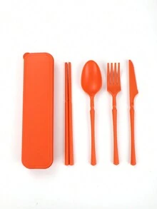 5pcs Plastic Cutlery Set With Knife, Fork, Spoon And Chopsticks, Portable Reusable Utensil Set With Storage Box For Outdoor Use - Multicolor - View 8