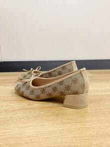 Square Toe Chunky Heel Slip-On Women Shoes, Versatile Bow Decor Flats, Fashion Shoes, Plum Blossom Color High Heels, Size Run Large