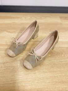 Square Toe Chunky Heel Slip-On Women Shoes, Versatile Bow Decor Flats, Fashion Shoes, Plum Blossom Color High Heels, Size Run Large