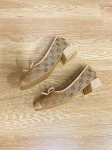 Square Toe Chunky Heel Slip-On Women Shoes, Versatile Bow Decor Flats, Fashion Shoes, Plum Blossom Color High Heels, Size Run Large