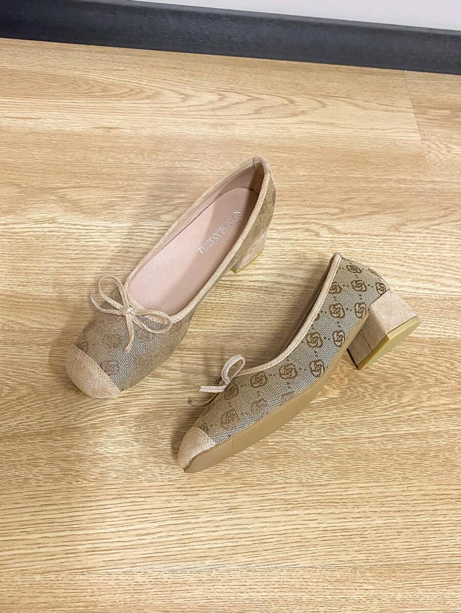 Square Toe Chunky Heel Slip-On Women Shoes, Versatile Bow Decor Flats, Fashion Shoes, Plum Blossom Color High Heels, Size Run Large