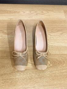 Square Toe Chunky Heel Slip-On Women Shoes, Versatile Bow Decor Flats, Fashion Shoes, Plum Blossom Color High Heels, Size Run Large